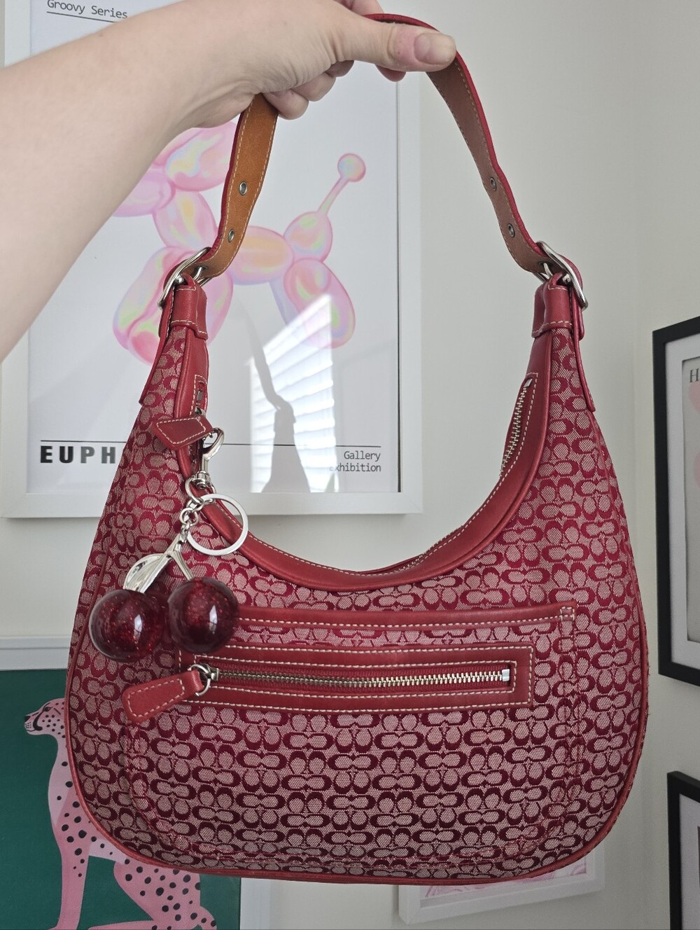 Vintage Red Coach Crescent Hobo Shoulder Bag W/Cherry Charm - Rare